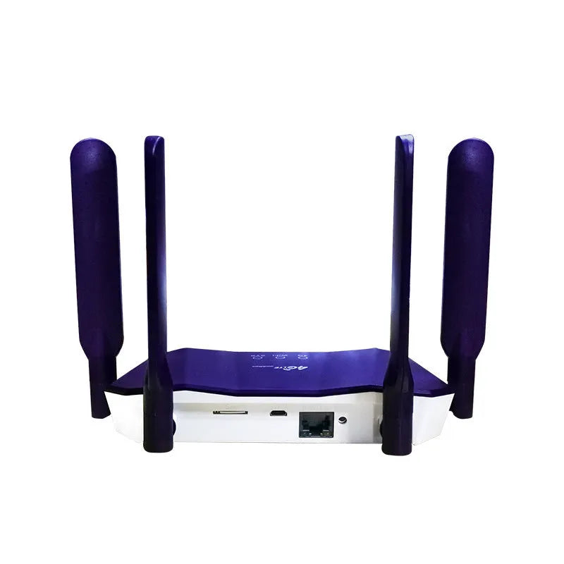 Blue 4G dual mode wireless and wired router with four antennas, dimensions 153x137x21mm