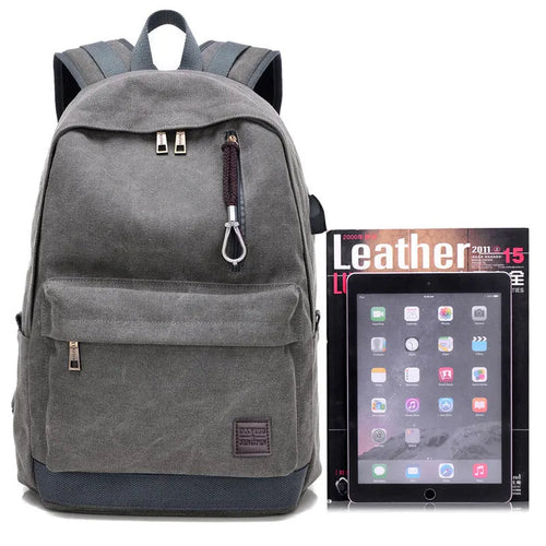 Canvas backpack with USB charging port and laptop compartment in grey colour