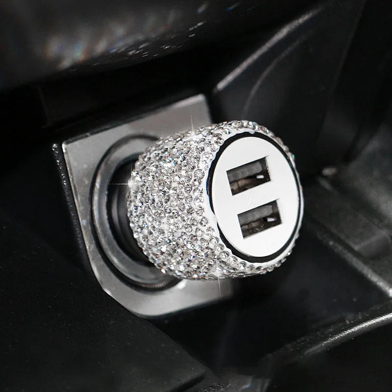 Car charger with diamond pattern design in red, white, black, pink, and AB colour options for cigarette lighter sockets.