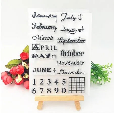 Transparent silicone vintage calendar stamp seal on a white background.