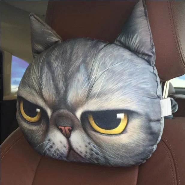 Cat lovers oblong car headrest pillow with cartoon cat print and removable cover for seat support