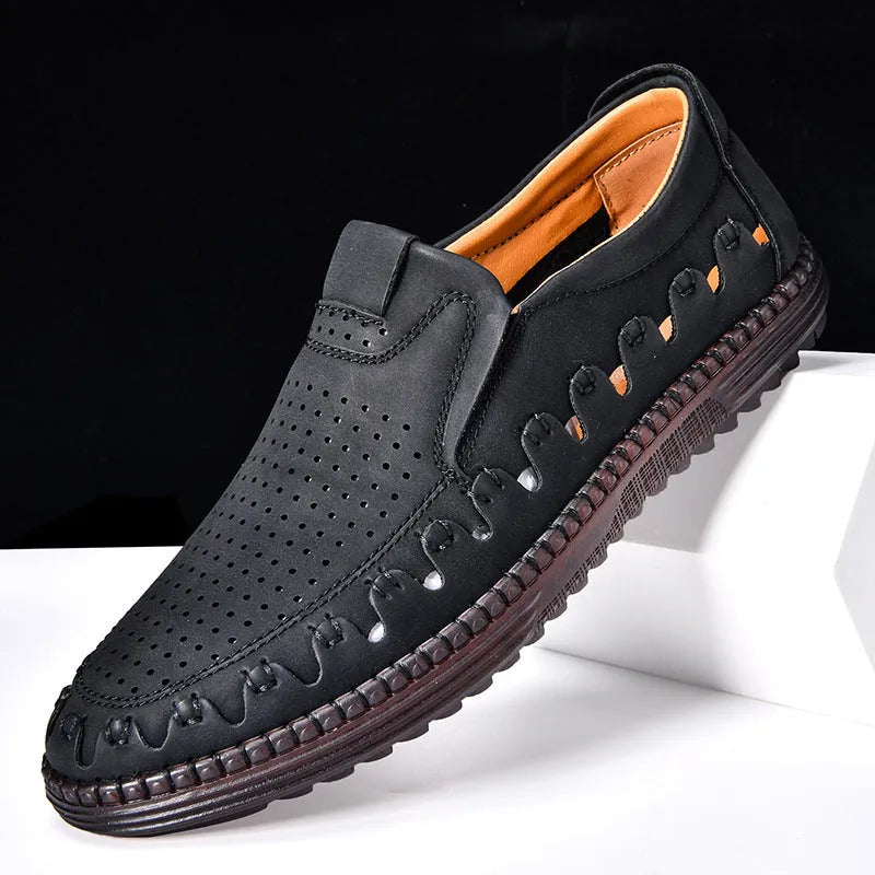 Men's brown slip-on casual shoes with round toe and hollowed-out pattern detailing
