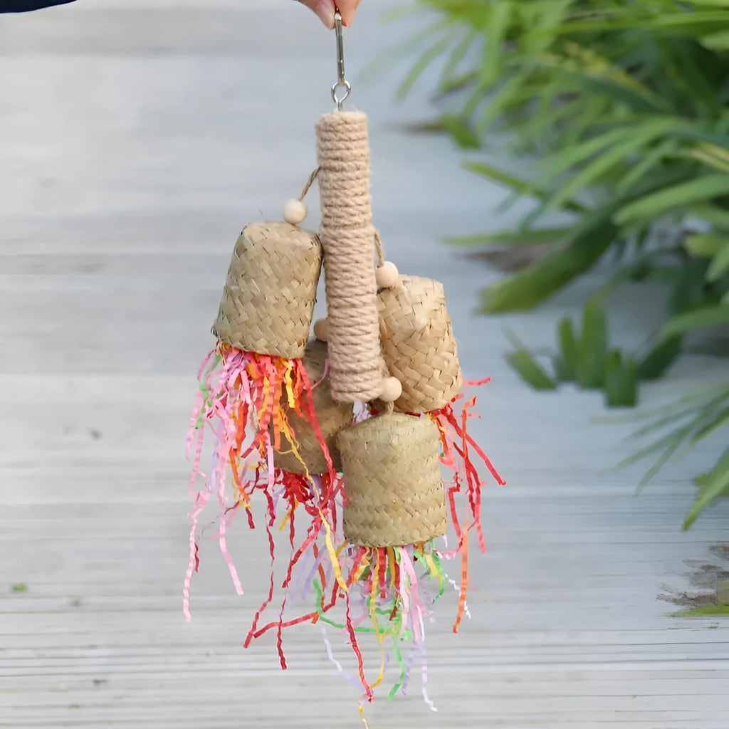 Colourful shredded paper bird toy made from wood and sisal for parrot chewing enrichment