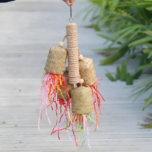 Colourful shredded paper bird toy made from wood and sisal for parrot chewing enrichment