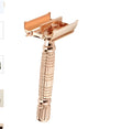 Rose gold chrome plated alloy double edge safety razor with butterfly mechanism in storage box with mirror