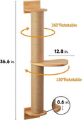 Wooden wall-mounted cat climbing frame with a natural flax cordage scratching post in wood and khaki colours.