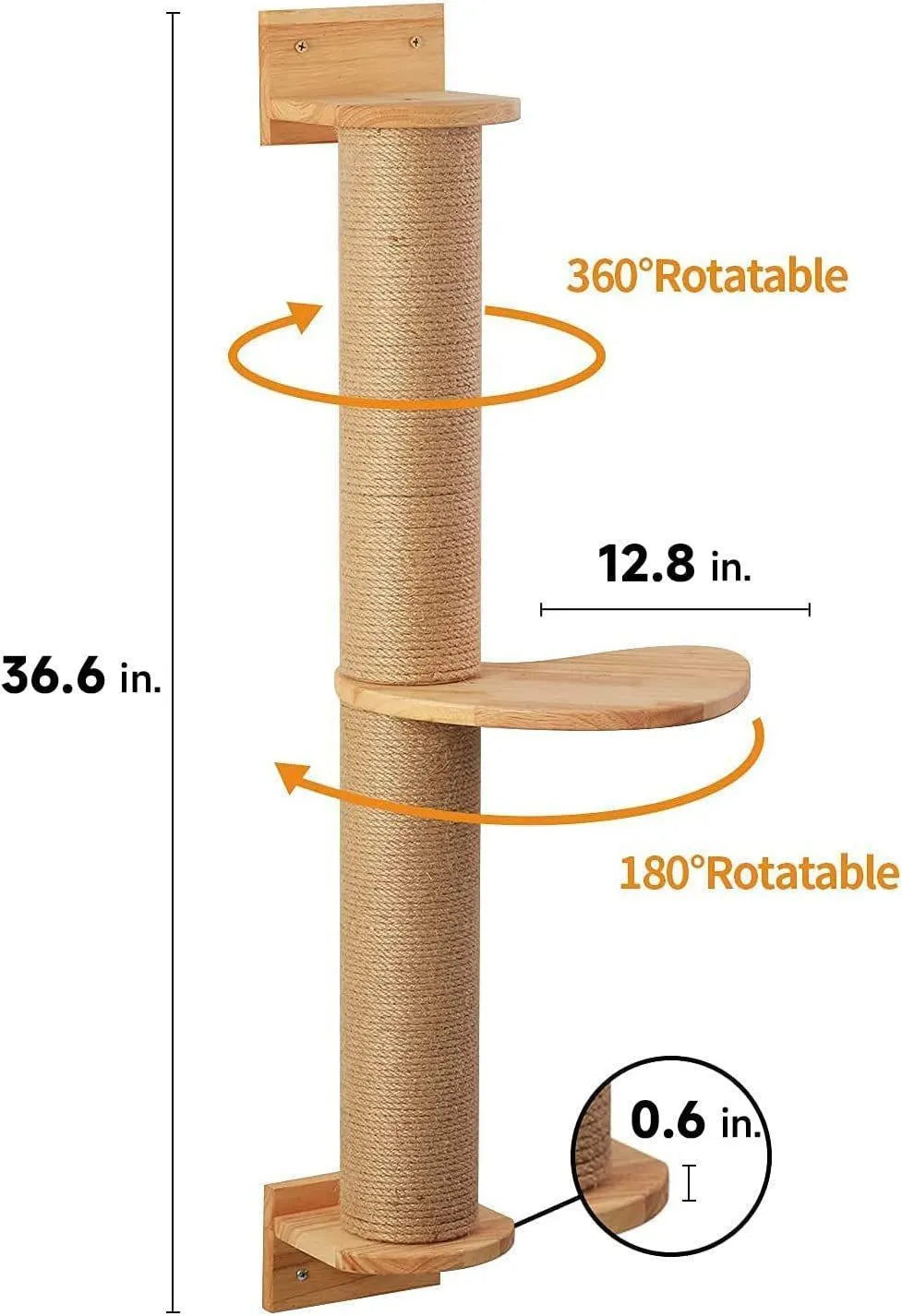 Wooden wall-mounted cat climbing frame with a natural flax cordage scratching post in wood and khaki colours.