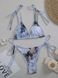 Women's marble tie-dye print high waist bikini with U-neck top separated swimwear