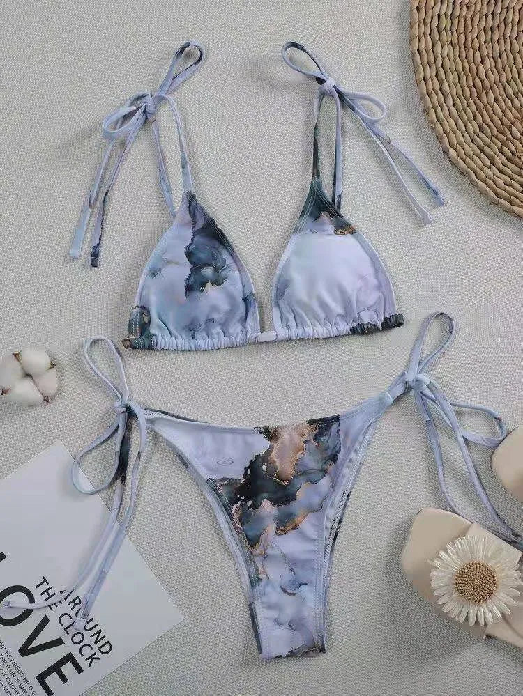 Women's marble tie-dye print high waist bikini with U-neck top separated swimwear