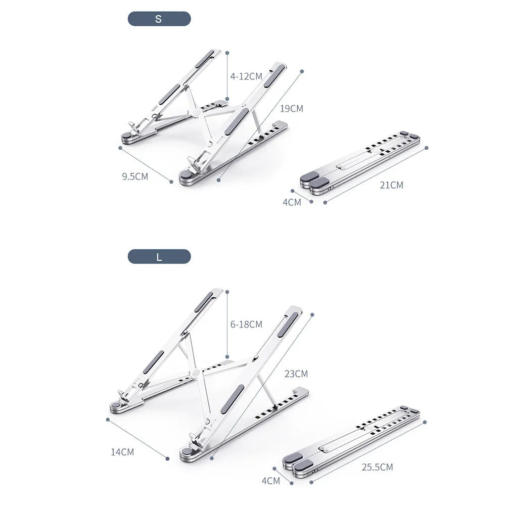 Aluminium alloy laptop stand in folded and extended positions, shown in silver colour.