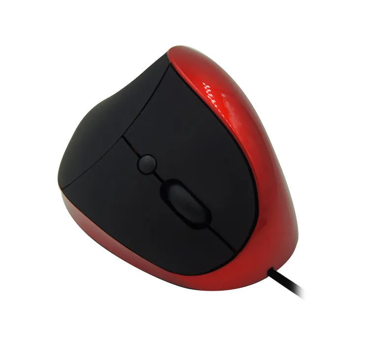 Ergonomic vertical wired computer mouse in multiple colour options on a desk