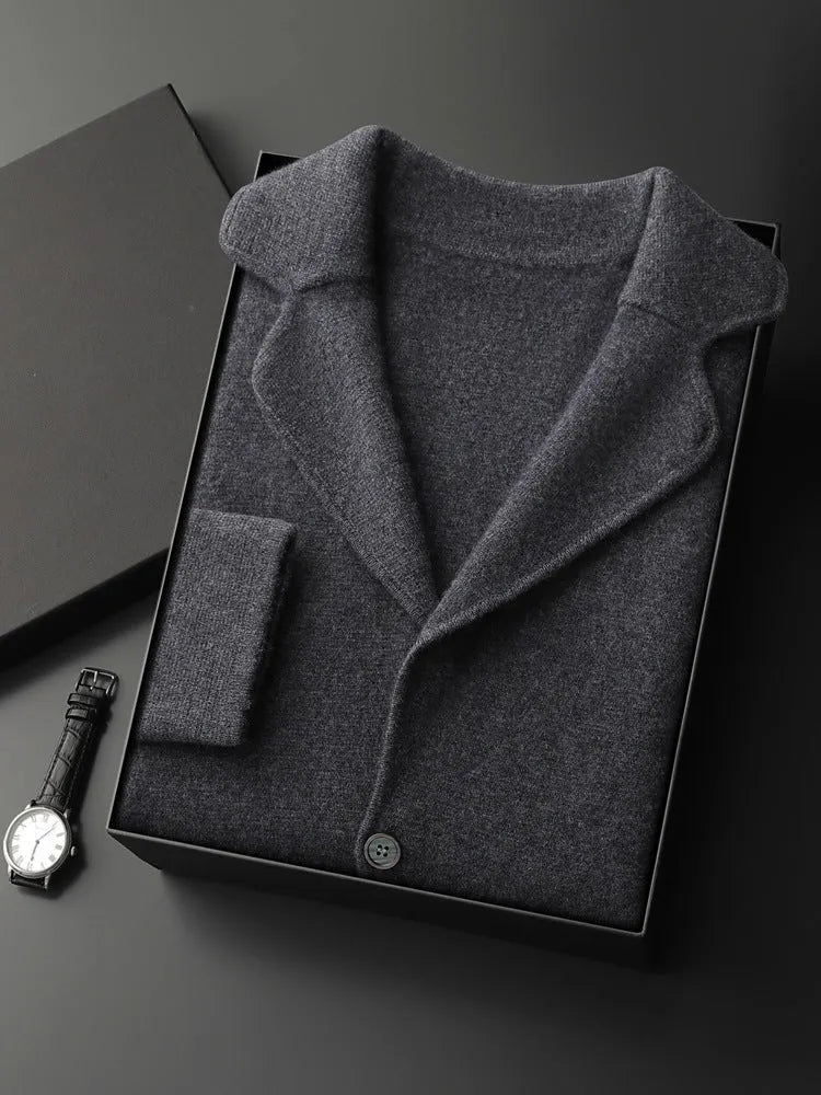 Men's loose fit cashmere cardigan jacket in light grey on a hanger