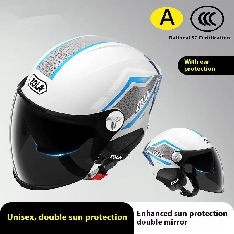 Children's 3C motorcycle half-helmet with a double visor shown in light brown colour.