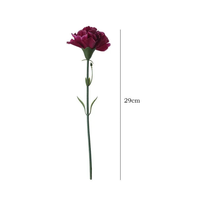 Single artificial mini carnation fake flower in soft rubber and silk material on white background