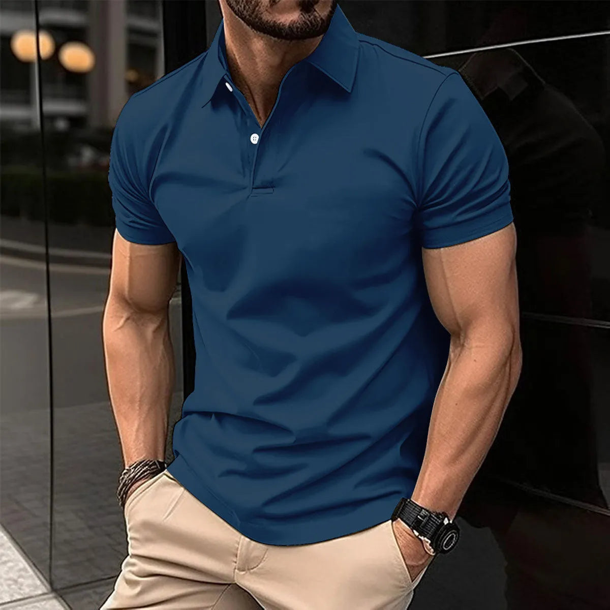 Men's short sleeve polo shirt with button lapel collar in a solid colour.