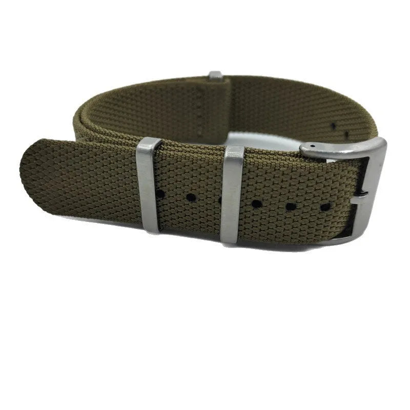 Nylon integrated watch strap in Army Green colour, shown next to Black, Deep Khaki, Light Gray, and Sapphire Blue options.