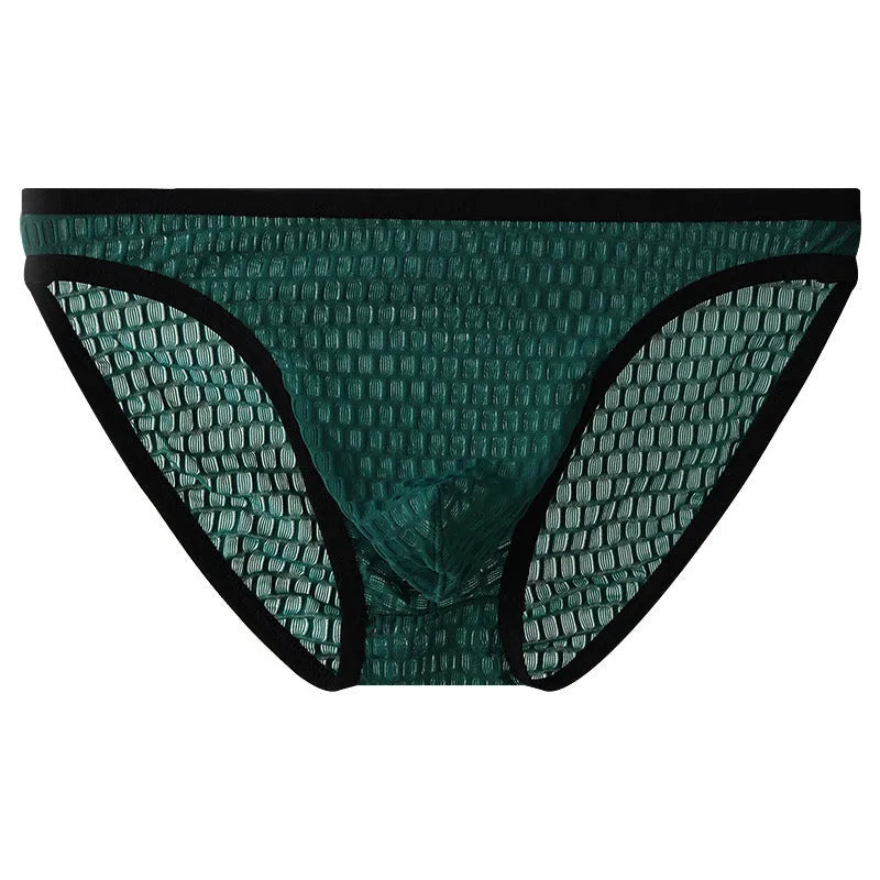 Men's low waist transparent lace underwear in black on a mannequin.