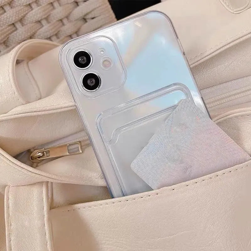 Clear transparent PVC phone case for iPhone with a visible card slot on the back.