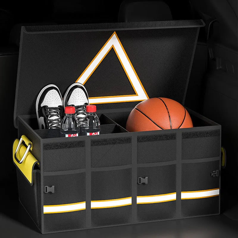 Black and yellow foldable fabric car boot storage organiser bag with handle in three size options.