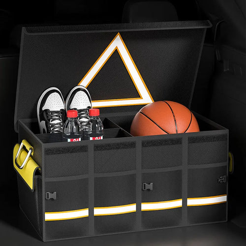 Black and yellow foldable fabric car boot storage organiser bag with handle in three size options.