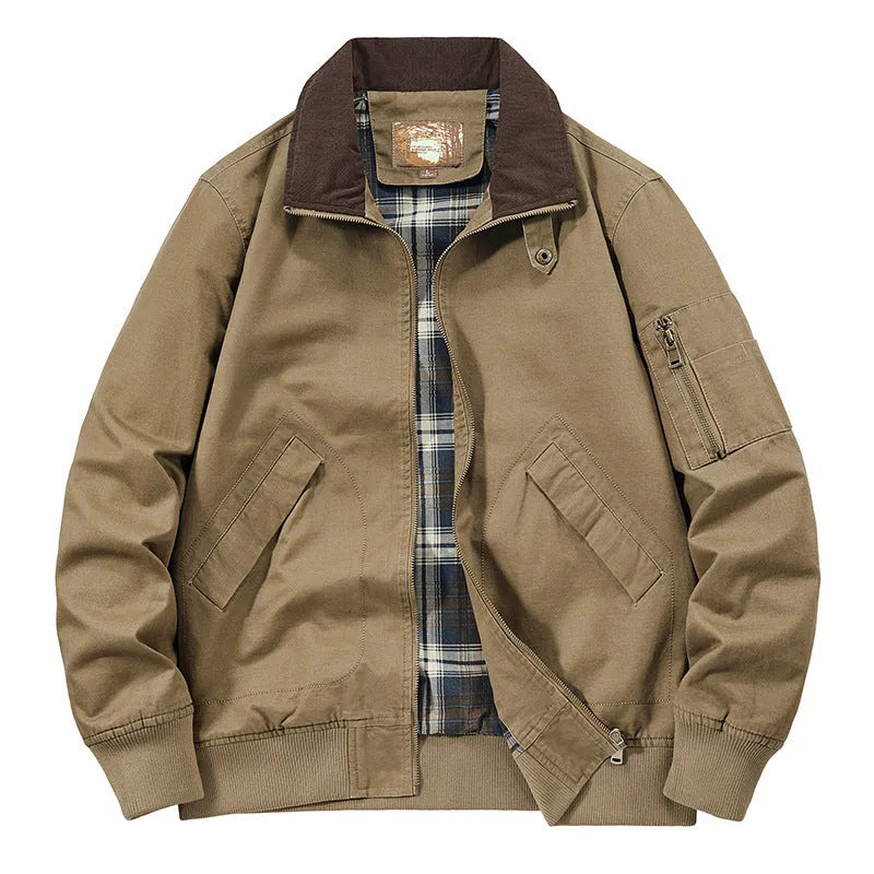 Men's plus size washed cotton baseball flight jacket in army green on a hanger.