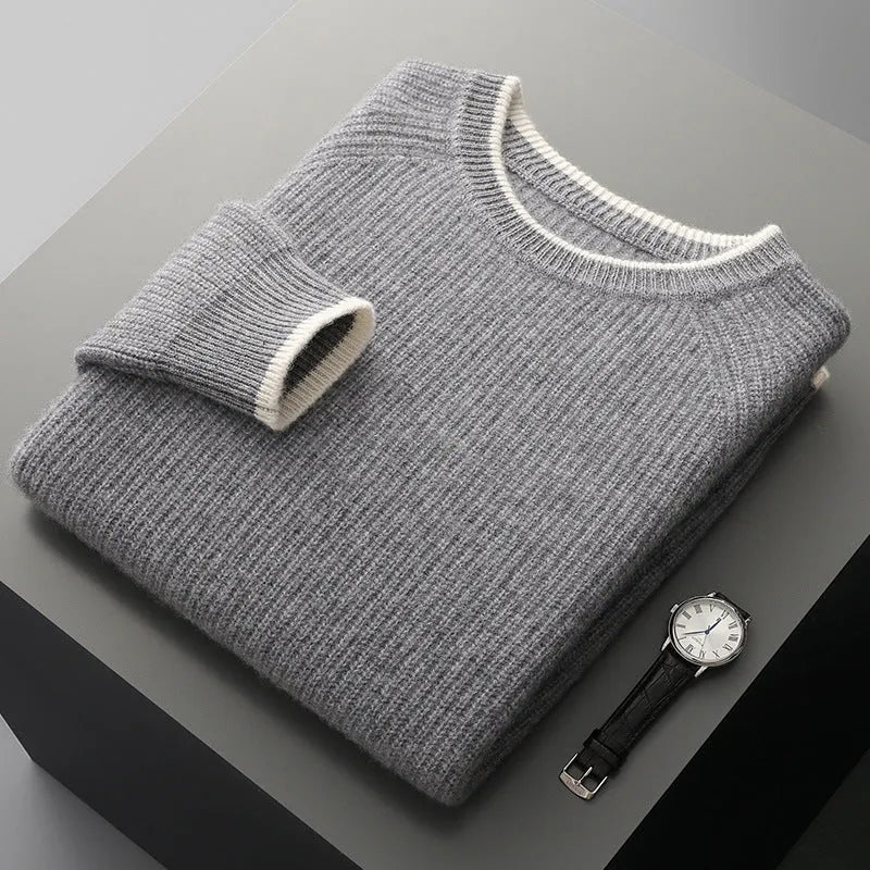 Men wool thickened double-strand round neck sweater in camel, long sleeve knit jumper winter wear