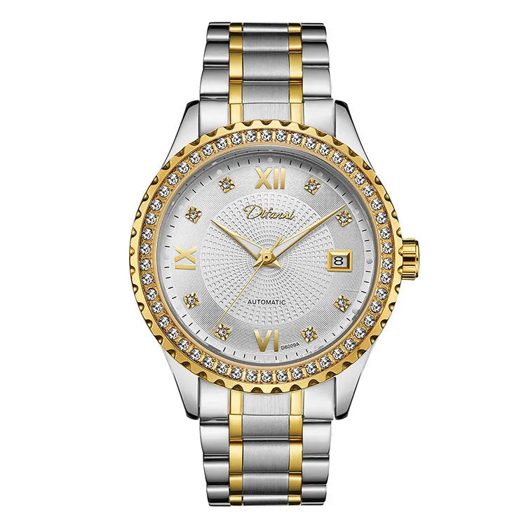 Fashionmonger gold automatic mechanical watch with luminous dial and black surface on wrist, 13mm case thickness