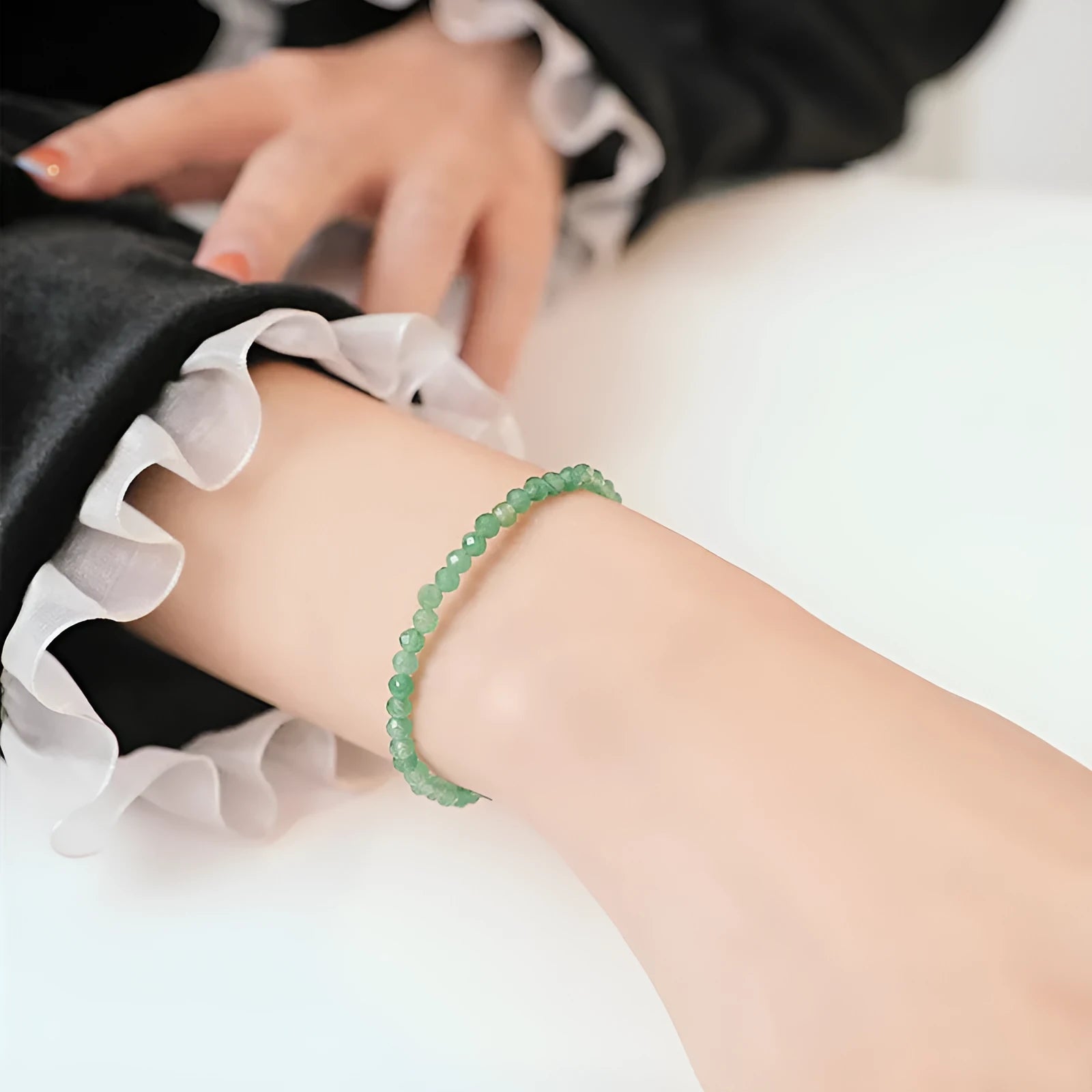 Handmade green aventurine jade bracelet with 3mm beads in vintage style for women