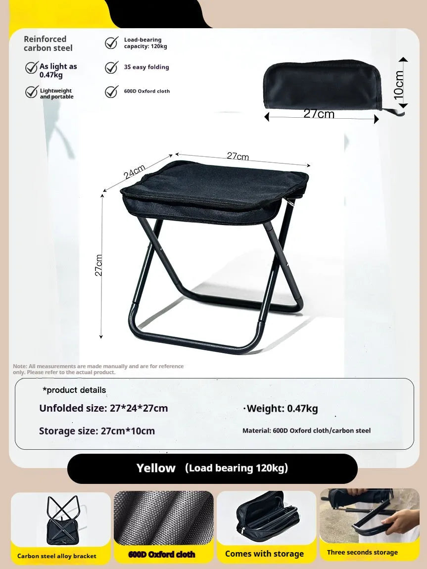 A folded lightweight camp stool with an Oxford cloth seat in a choice of colours.