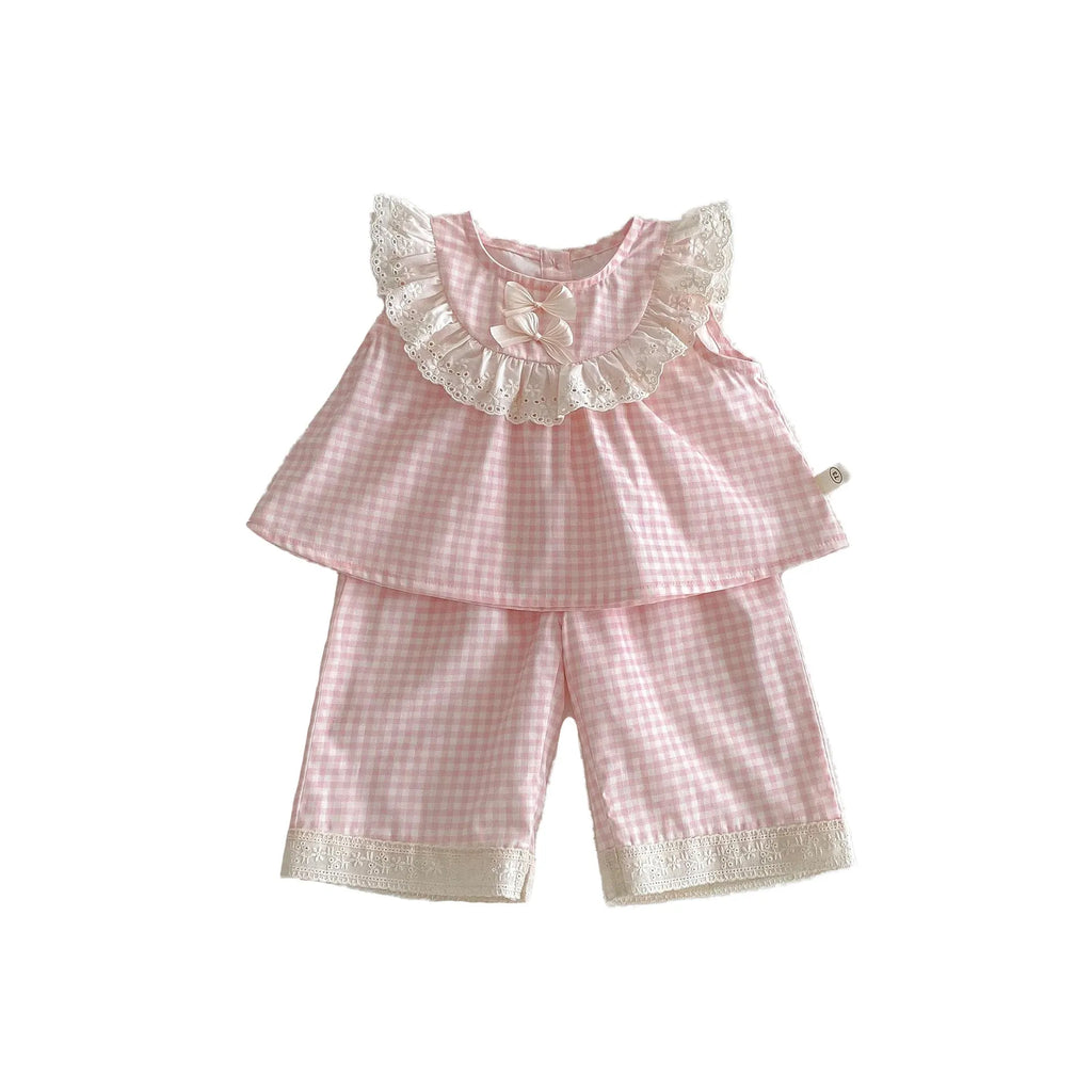 Girls cherry pink plaid bowknot shirt and wide leg pants two-piece set on child