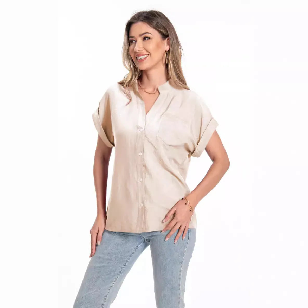 Women's loose-fit stand collar short sleeve summer top in polyester fabric
