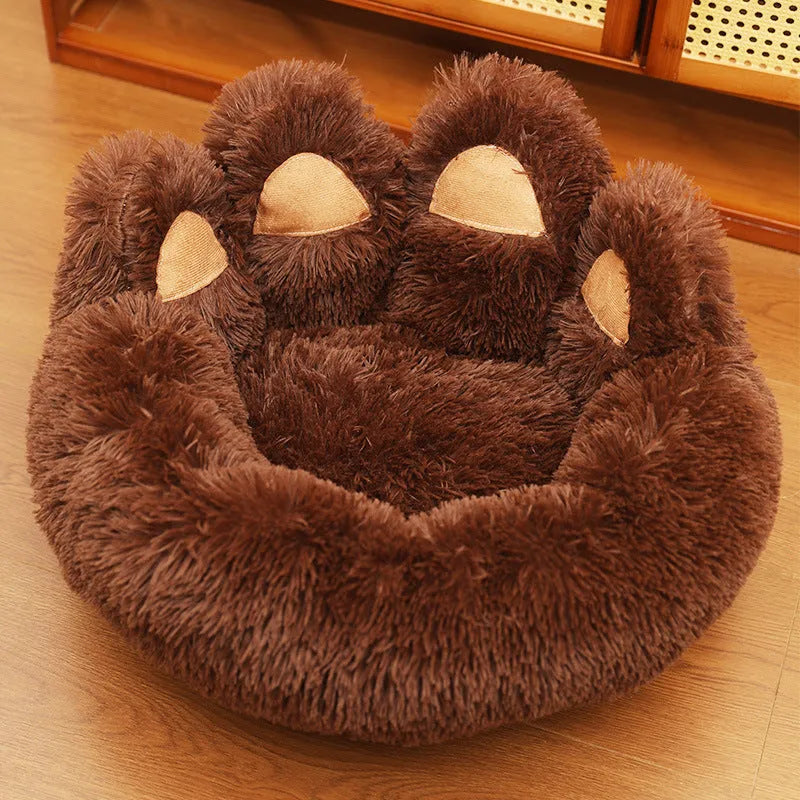 Plush kennel thickened pet bed in coffee colour with hand-shaped brush nest design, 50cm diameter option