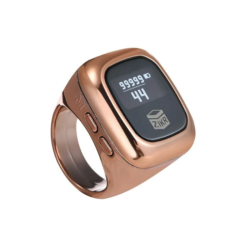 Al-Fatiha electronic zikr counter with digital display on a wrist, shown in various colours.