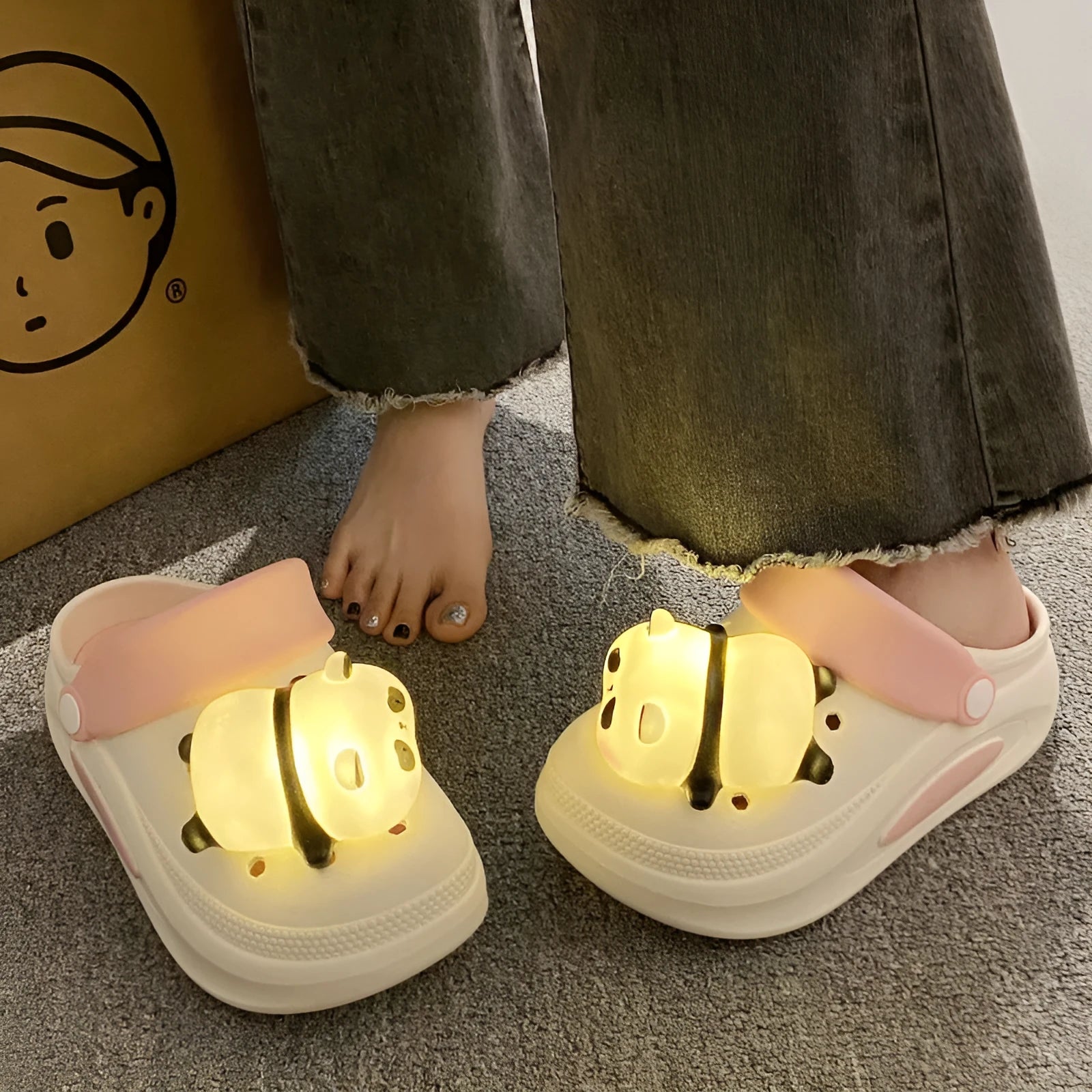 Women's anti-slip platform panda light hole slippers in Khaki, thick PVC sole, size 36-37
