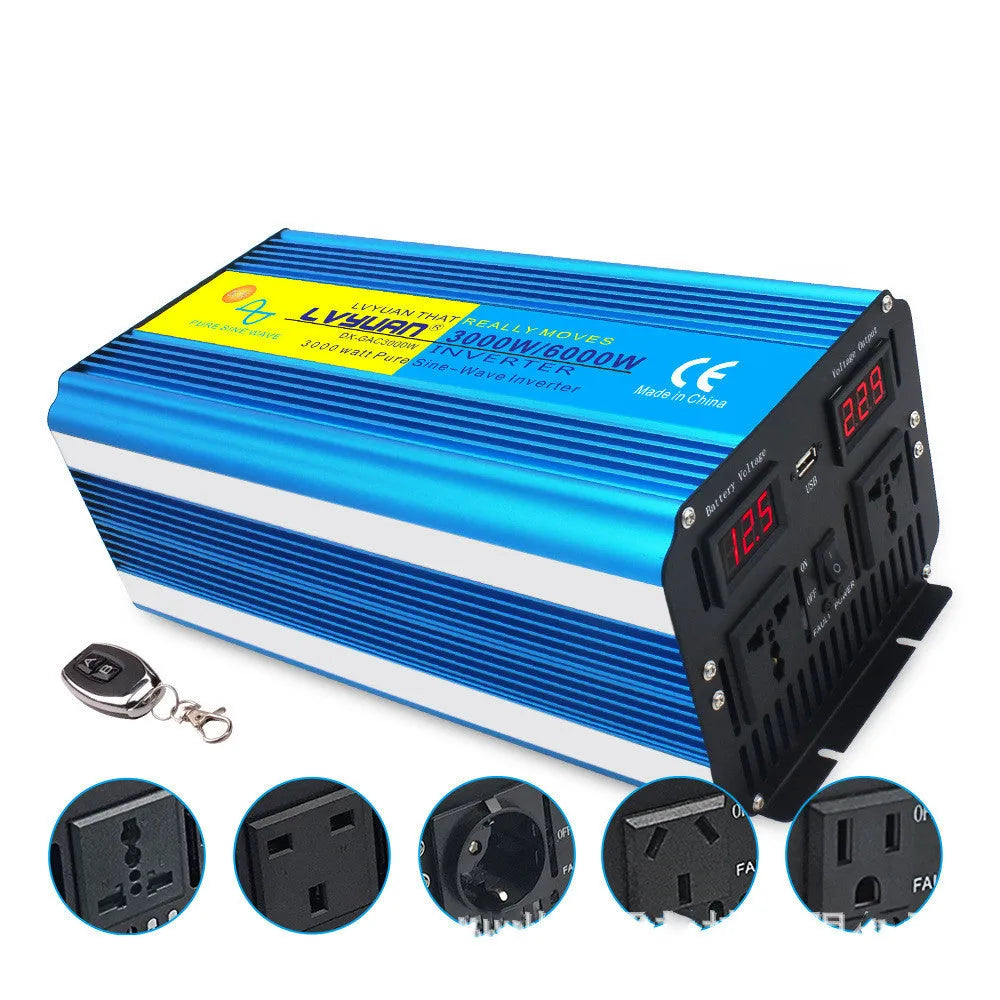 3000W 6000W pure sine wave inverter with dual digital display and remote control for 12V to 220V UK socket