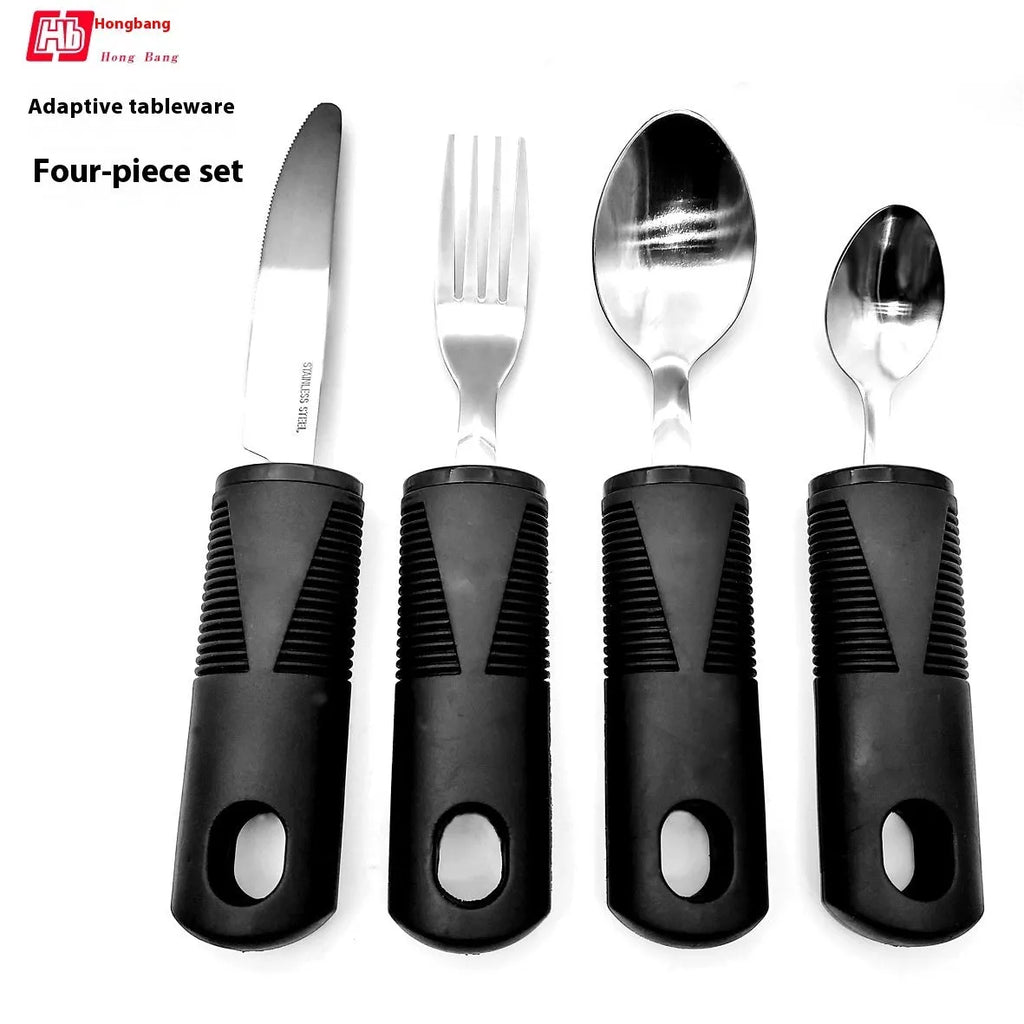 Stainless steel adaptive cutlery set with rubber handles for elderly or disabled users