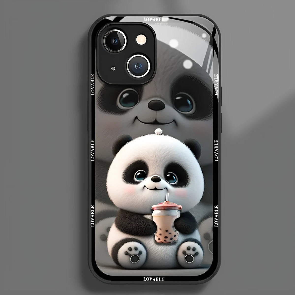 Glass liquid silicone shockproof phone case for iPhone with panda design, black shell, full coverage