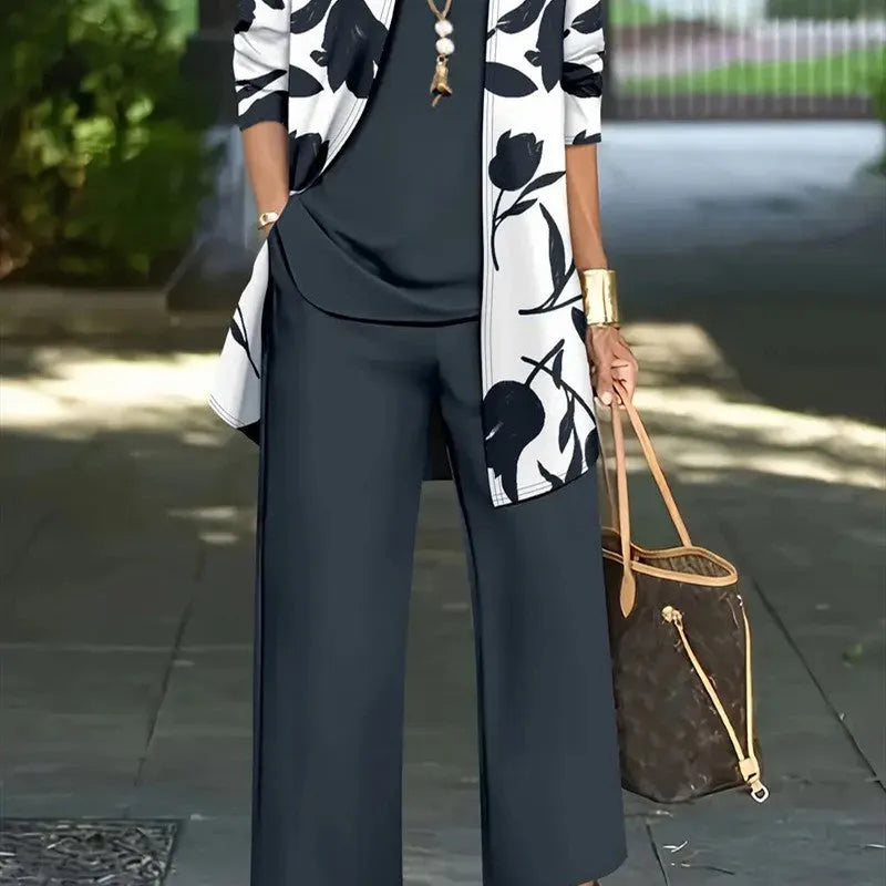 Women's three-piece suit set with printed coat, vest, and trousers in Japanese Korean casual style, polyester fabric