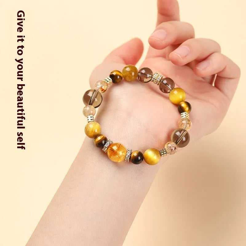 Natural yellow tiger-eye crystal bracelet with geometry pattern and lucky jinba design