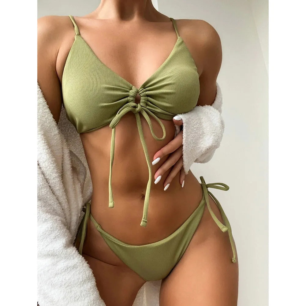 Women's solid colour bikini swimsuit with drawstring waist in army green.
