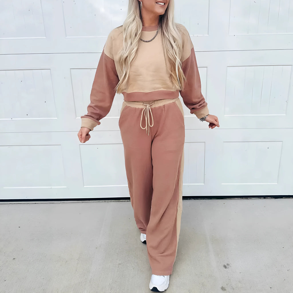 Women's camel cotton tracksuit set with matching top and trousers