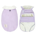 Dog wearing a solid-colour lapel turtleneck cotton-padded vest in a choice of sand white, light purple, or khaki green.