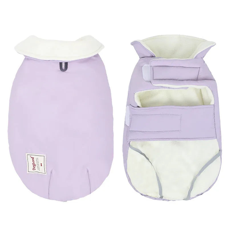 Dog wearing a solid-colour lapel turtleneck cotton-padded vest in a choice of sand white, light purple, or khaki green.