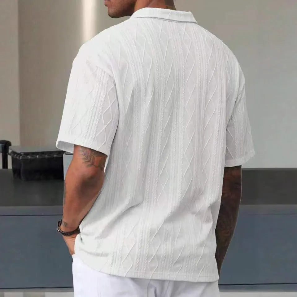 Men's loose fit short sleeve T-shirt with a retro button lapel on the collar, in a khaki cotton blend knit.