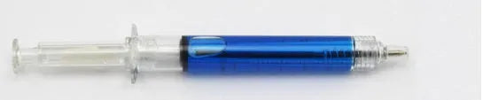 Blue plastic syringe-shaped ballpoint pen measuring 12.5cm with push-type mechanism