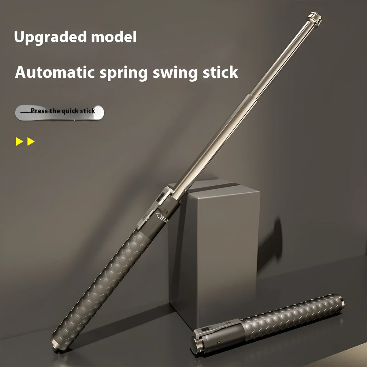 Titanium black aluminium alloy automatic spring expandable baton on dark background