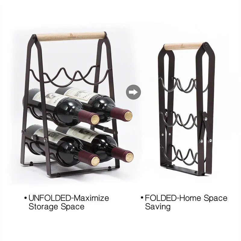 Black iron metallic desktop wine rack holding one wine bottle on a kitchen countertop