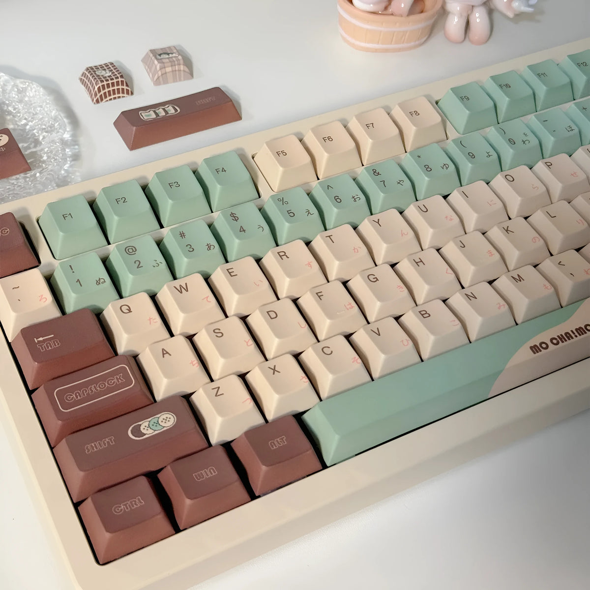 Matcha Theme plastic keycap set with five-sided sublimation printing for mechanical keyboards