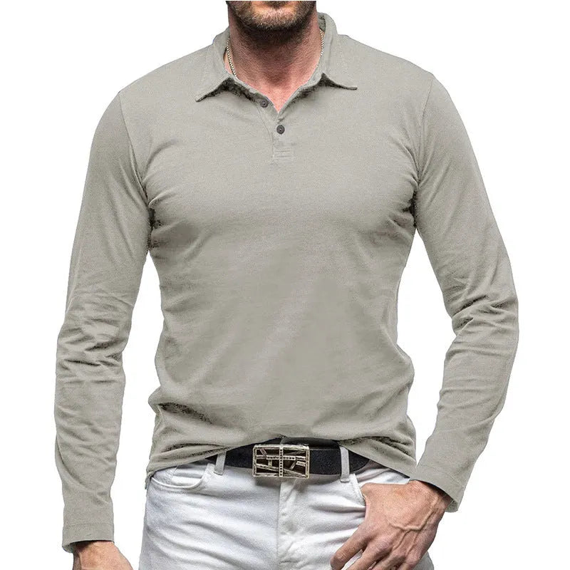 Men's dark grey polo collar long sleeve cotton T-shirt in American retro style laid flat