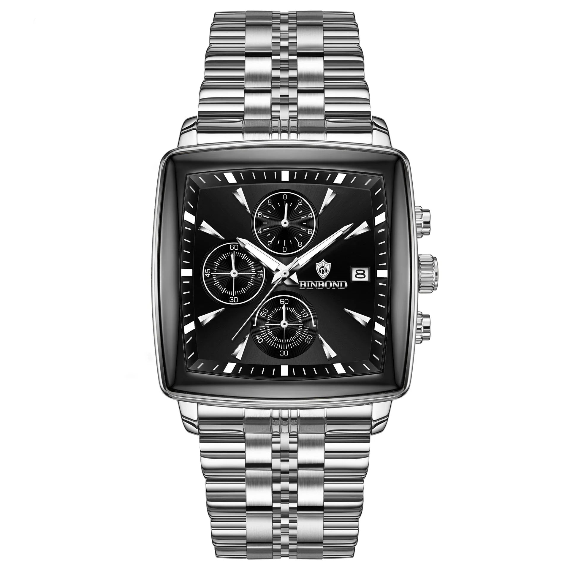 Men's rectangular quartz watch with luminous dial, stainless steel strap, and metal case in business styling